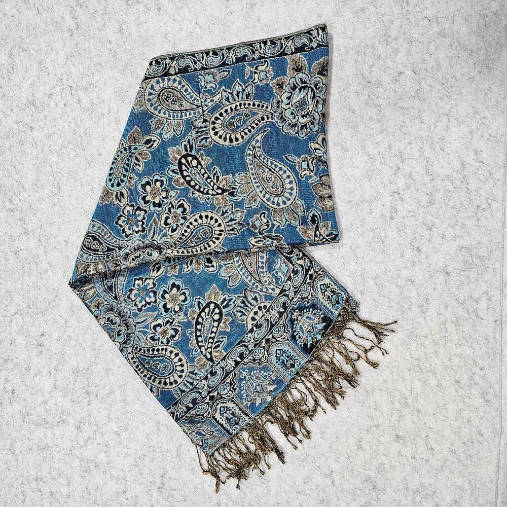 Pashmina Silk 55/45  Scarf Wrap Blue Paisley Jacquard Fringe Shawl 67x27 New
